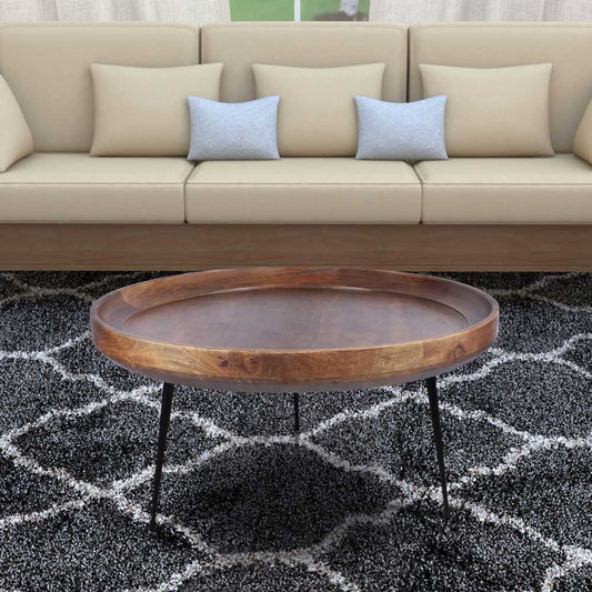 Round Mango Wood Coffee Table With Splayed Metal Legs, Brown And Black By Benzara | Coffee Tables |  Modishstore 