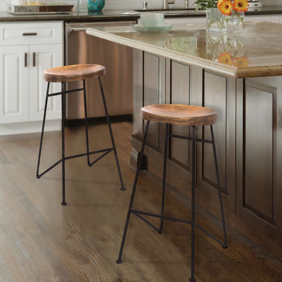 Mango Wood Saddle Seat Bar Stool With Iron Rod Legs, Brown And Black By Benzara | Bar Stools |  Modishstore  - 2