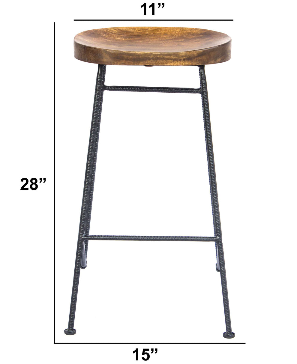 Mango Wood Saddle Seat Bar Stool With Iron Rod Legs, Brown And Black By Benzara | Bar Stools |  Modishstore  - 5