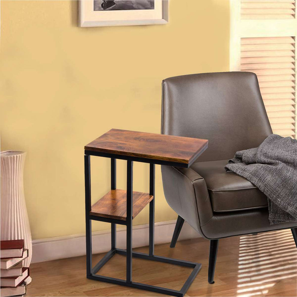 Iron Framed Mango Wood Accent Table With Lower Shelf, Brown By Benzara | Accent Tables |  Modishstore  - 2