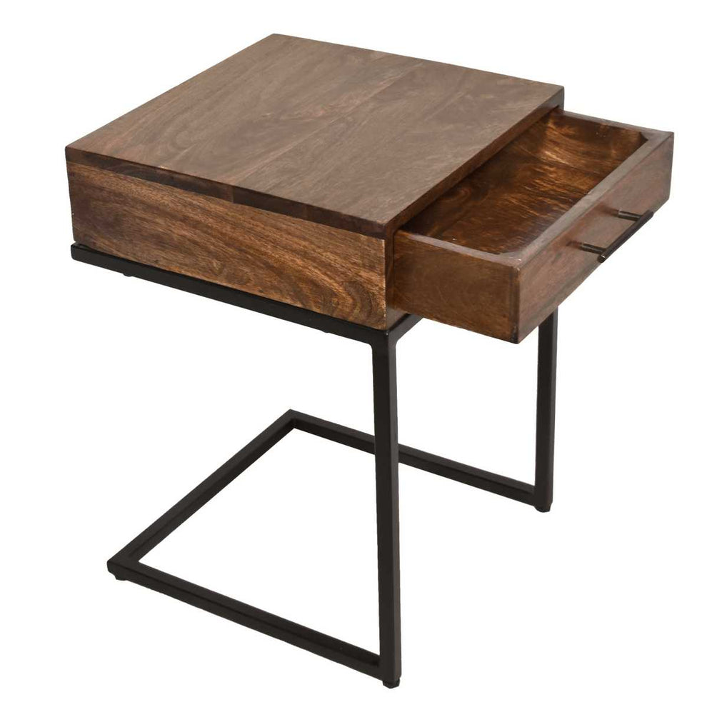 Mango Wood Side Table With Drawer And Cantilever Iron Base, Brown And Black By Benzara | Side Tables |  Modishstore  - 3