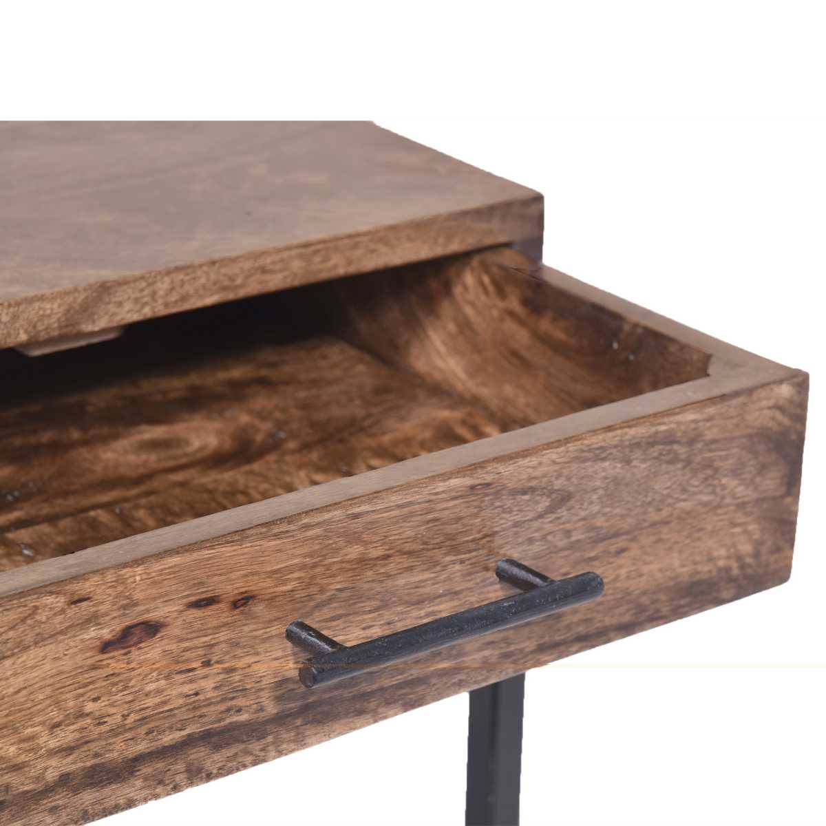 Mango Wood Side Table With Drawer And Cantilever Iron Base, Brown And Black By Benzara | Side Tables |  Modishstore  - 4