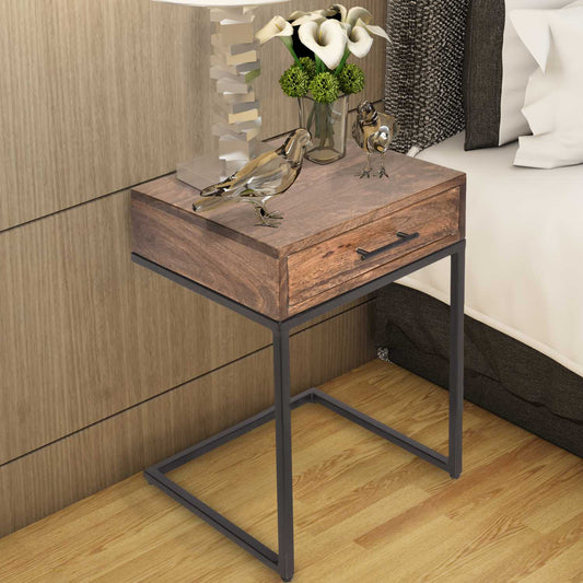Mango Wood Side Table With Drawer And Cantilever Iron Base, Brown And Black By Benzara | Side Tables |  Modishstore 