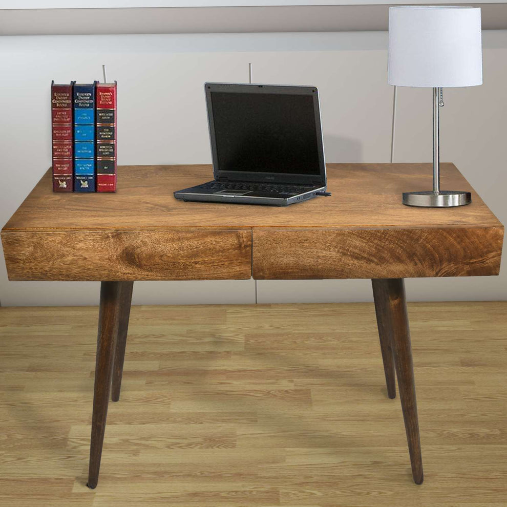 Mango Wood Writing Desk With Two Drawers And Tapered Legs, Brown By Benzara | Desks |  Modishstore  - 2