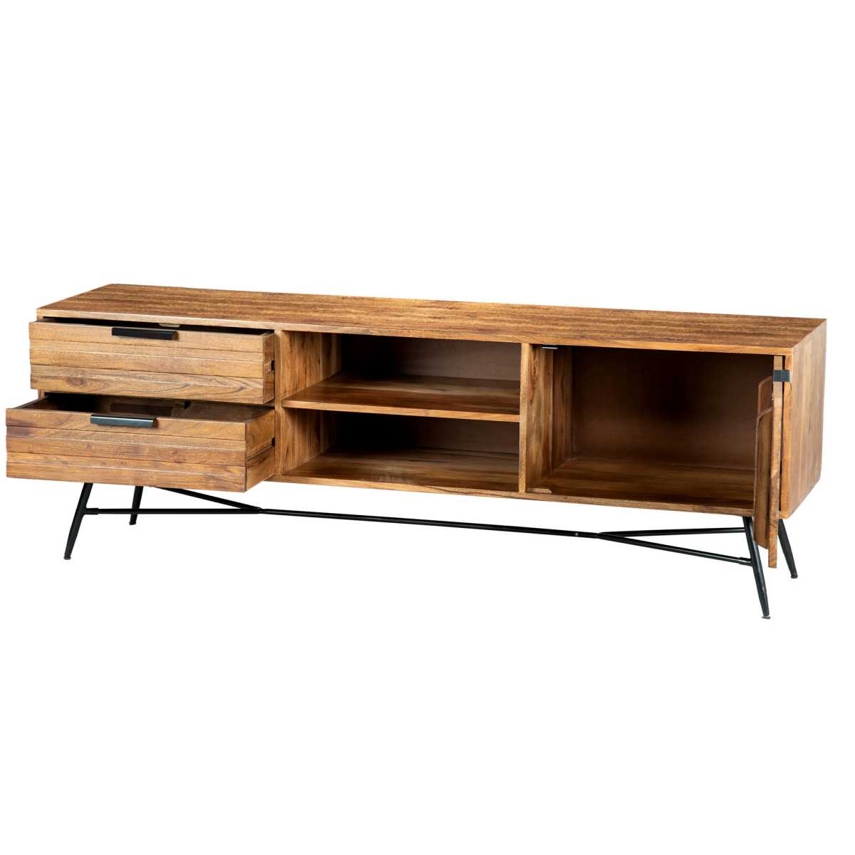 Roomy Wooden Media Console With Slanted Metal Base, Brown And Black By Benzara | Console Tables |  Modishstore  - 2