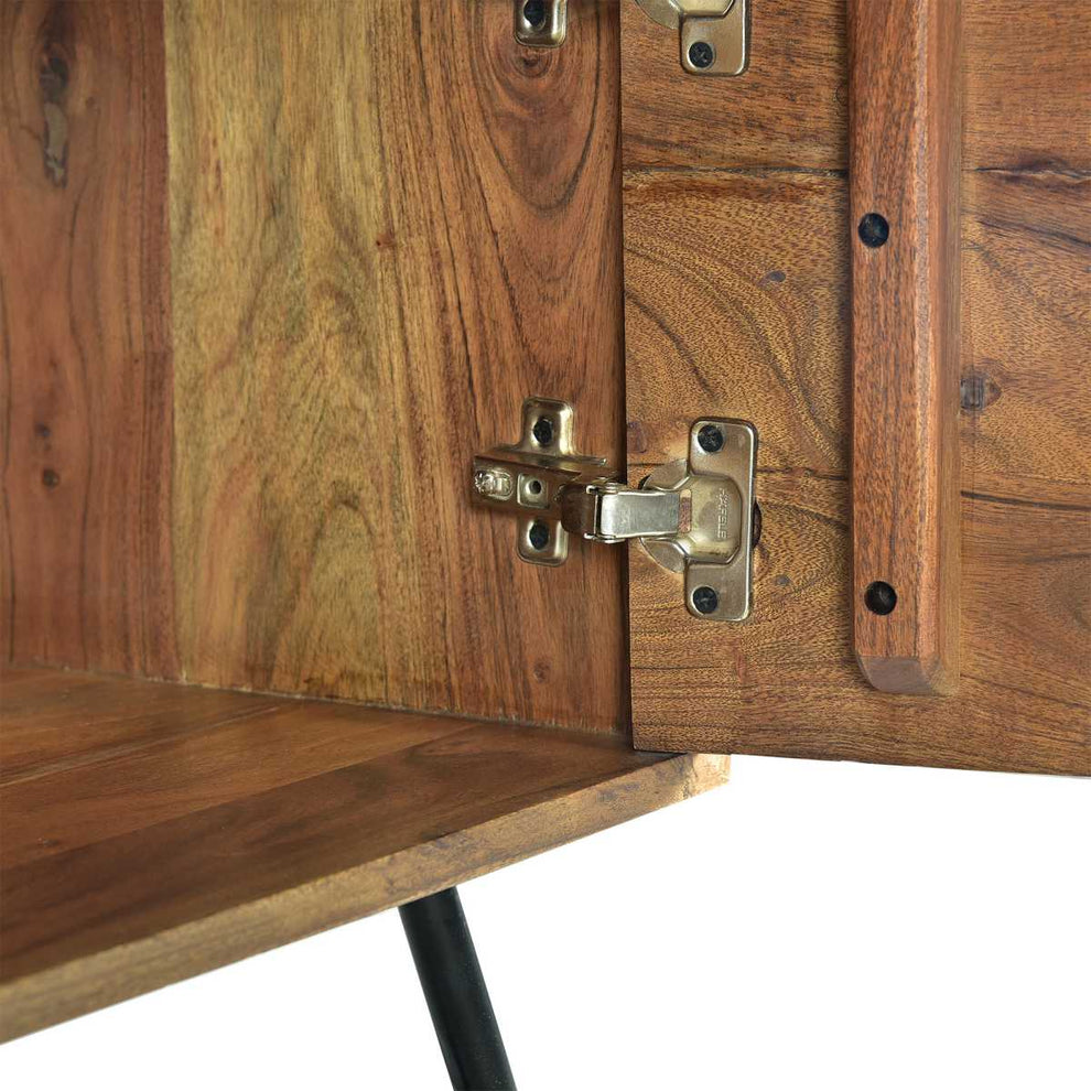 Roomy Wooden Media Console With Slanted Metal Base, Brown And Black By Benzara | Console Tables |  Modishstore  - 4