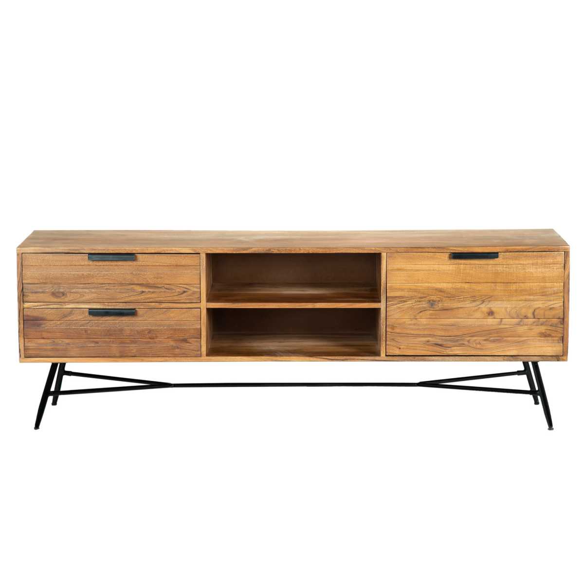 Roomy Wooden Media Console With Slanted Metal Base, Brown And Black By Benzara | Console Tables |  Modishstore  - 6