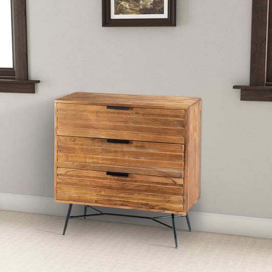 3 Drawer Wooden Chest With Slanted Metal Base, Brown And Black By Benzara | Cabinets |  Modishstore 