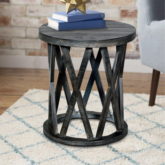 22 Inch Farmhouse Style Round Wooden End Table With Airy Design Base, Dark Gray By Benzara | Side Tables |  Modishstore 