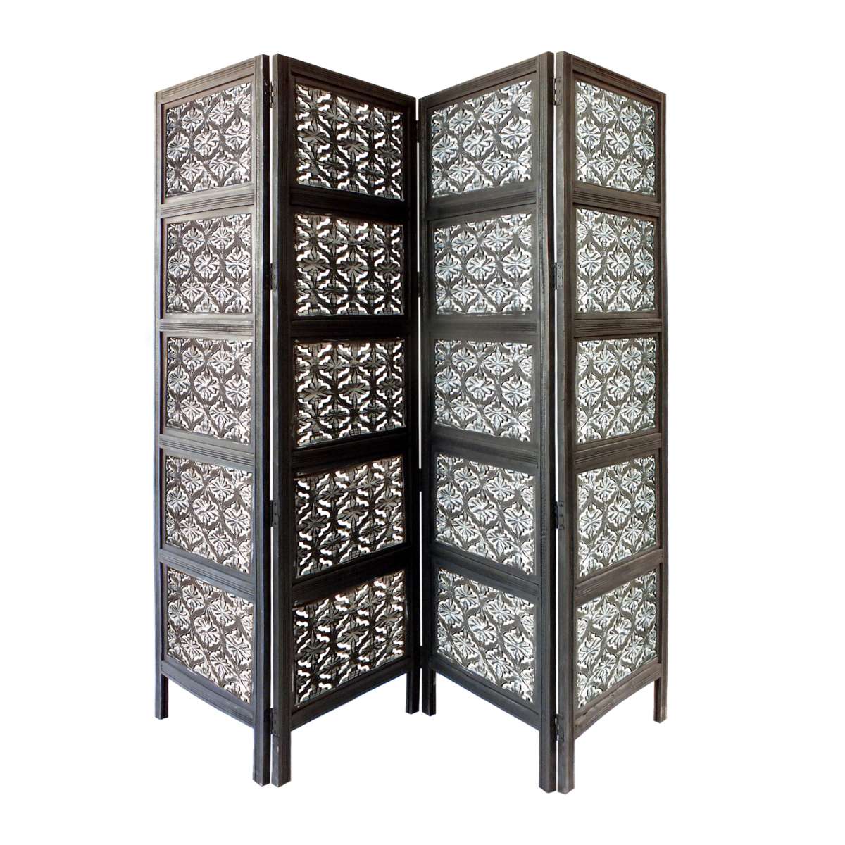 Four Panel Mango Wood Room Divider With Traditional Carvings, Black And White By Benzara | Room Divider |  Modishstore 