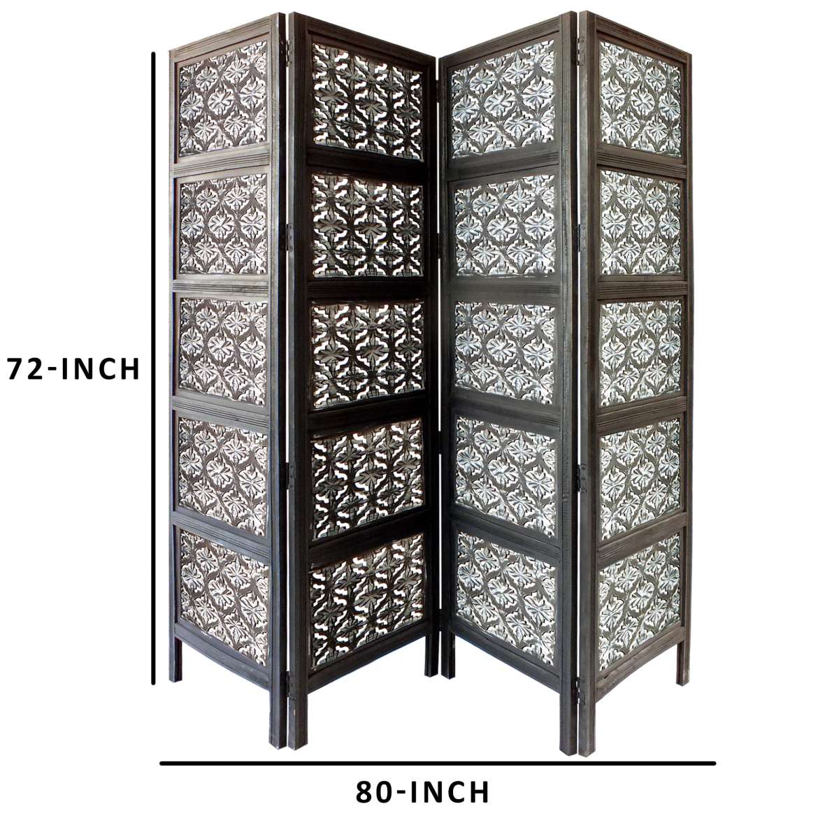 Four Panel Mango Wood Room Divider With Traditional Carvings, Black And White By Benzara | Room Divider |  Modishstore  - 5