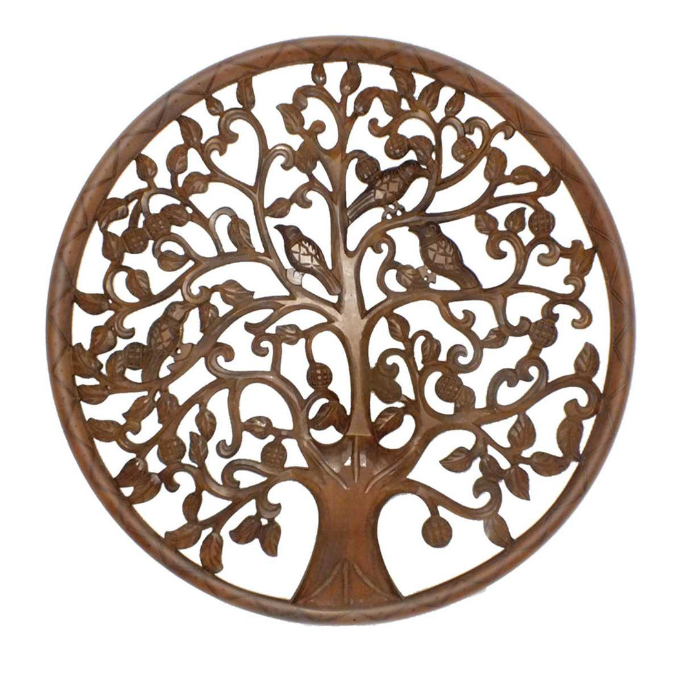 Circular Mango Wood Wall Panel With Cutout Tree And Bird Carvings, Antique Brown By Benzara | Wall Decor |  Modishstore  - 2