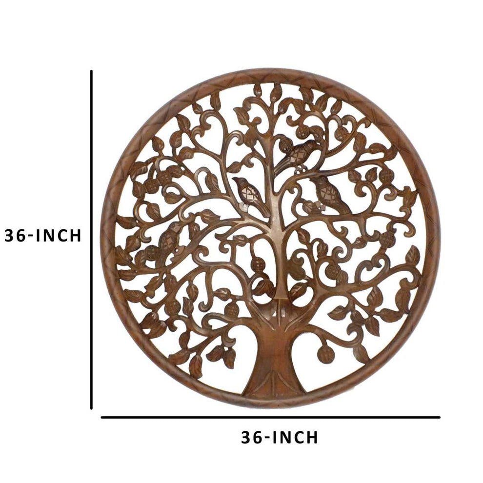 Circular Mango Wood Wall Panel With Cutout Tree And Bird Carvings, Antique Brown By Benzara | Wall Decor |  Modishstore  - 5