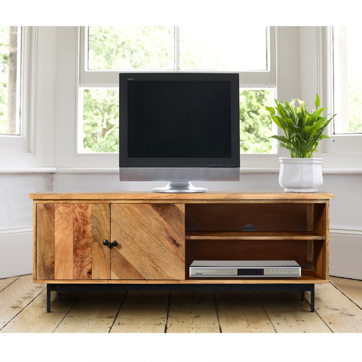 55 Inch Mango Wood Tv Stand With 2 Open Compartments, Brown And Black By Benzara | Cabinets |  Modishstore 