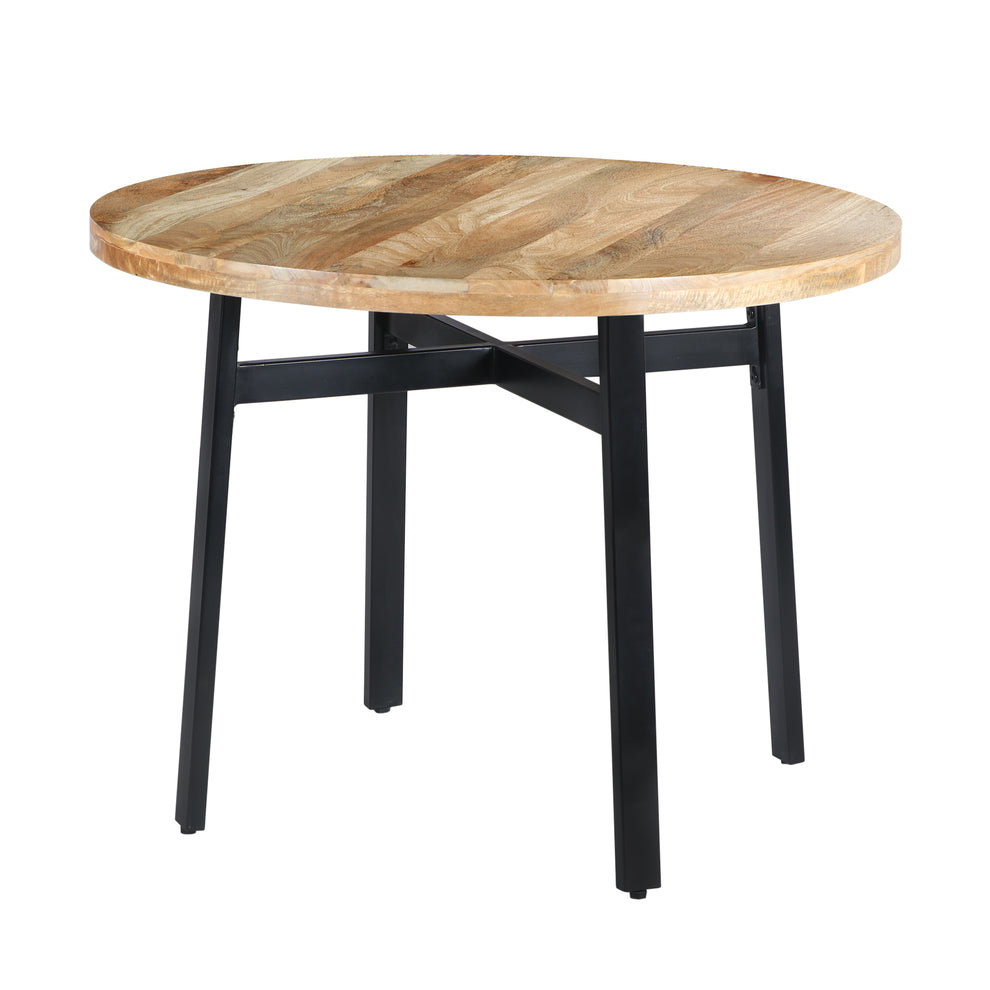 39 Inch Round Mango Wood Dining Table With Angled Iron Leg Support, Brown And Black By Benzara | Dining Tables |  Modishstore  - 3