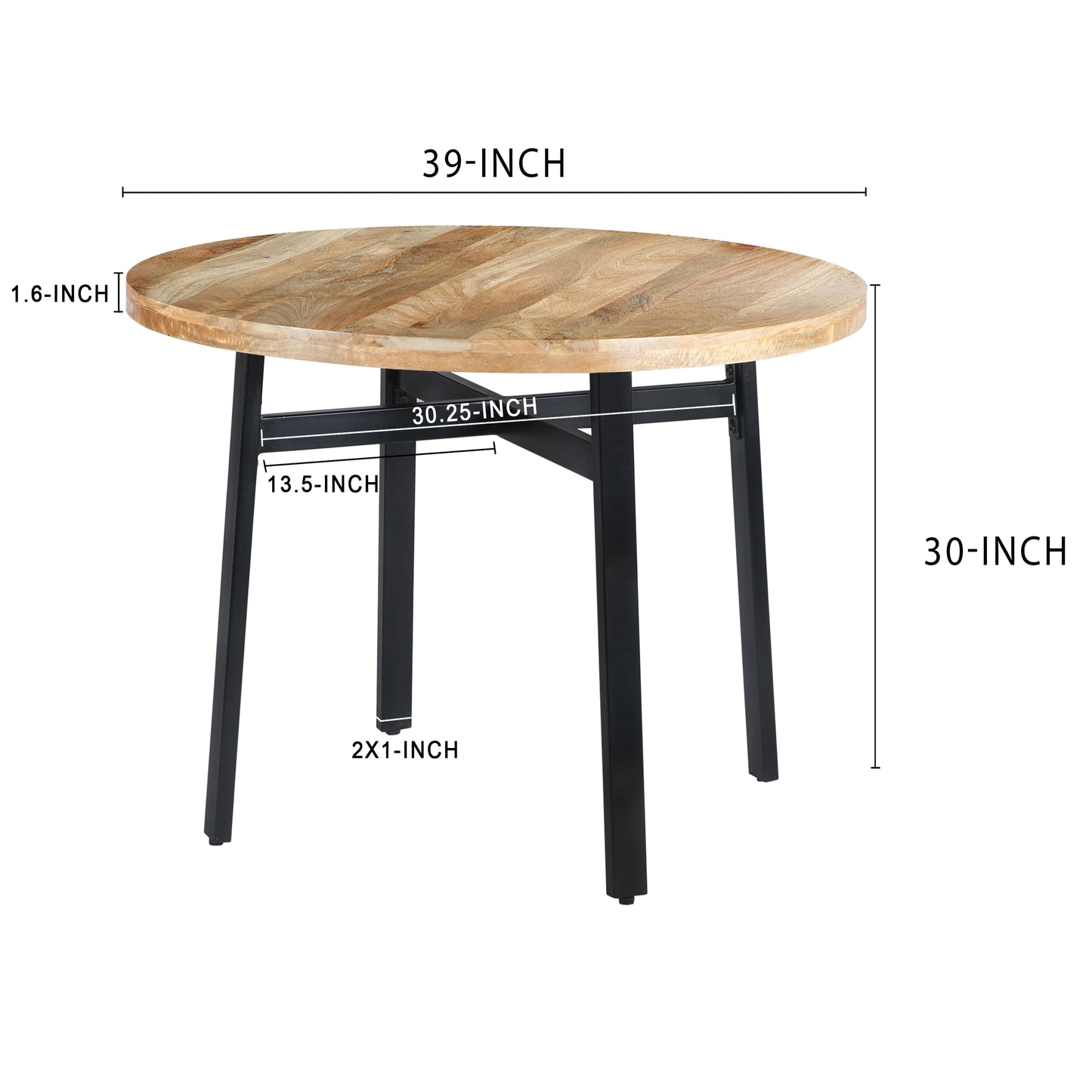 39 Inch Round Mango Wood Dining Table With Angled Iron Leg Support, Brown And Black By Benzara | Dining Tables |  Modishstore  - 6