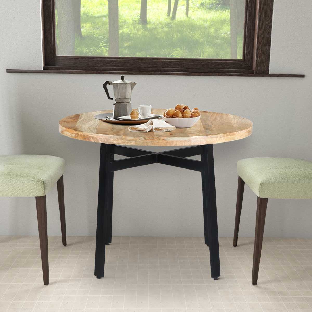 39 Inch Round Mango Wood Dining Table With Angled Iron Leg Support, Brown And Black By Benzara | Dining Tables |  Modishstore 
