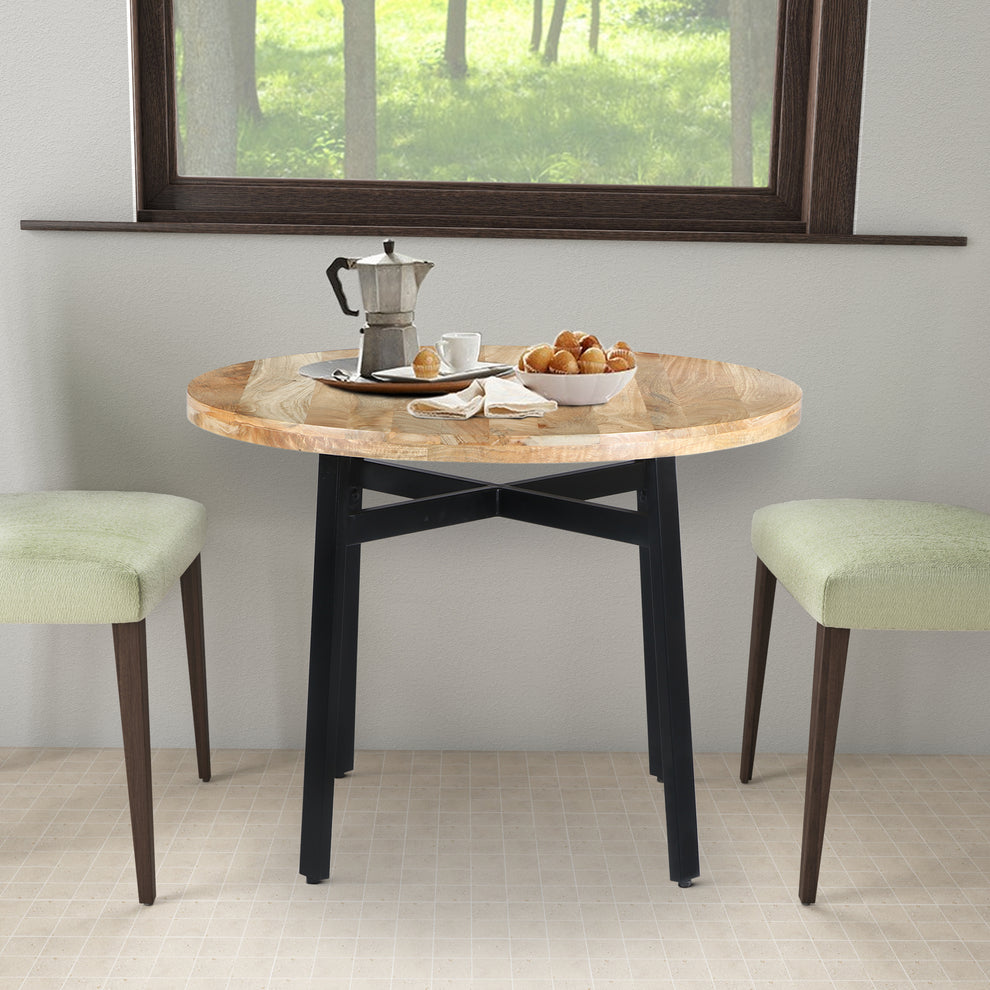 39 Inch Round Mango Wood Dining Table With Angled Iron Leg Support, Brown And Black By Benzara | Dining Tables |  Modishstore  - 7