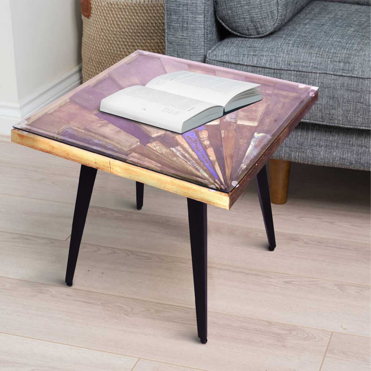 Square Wooden End Table With Sunburst Design Glass Inserted Top, Multicolor By Benzara | Side Tables |  Modishstore 