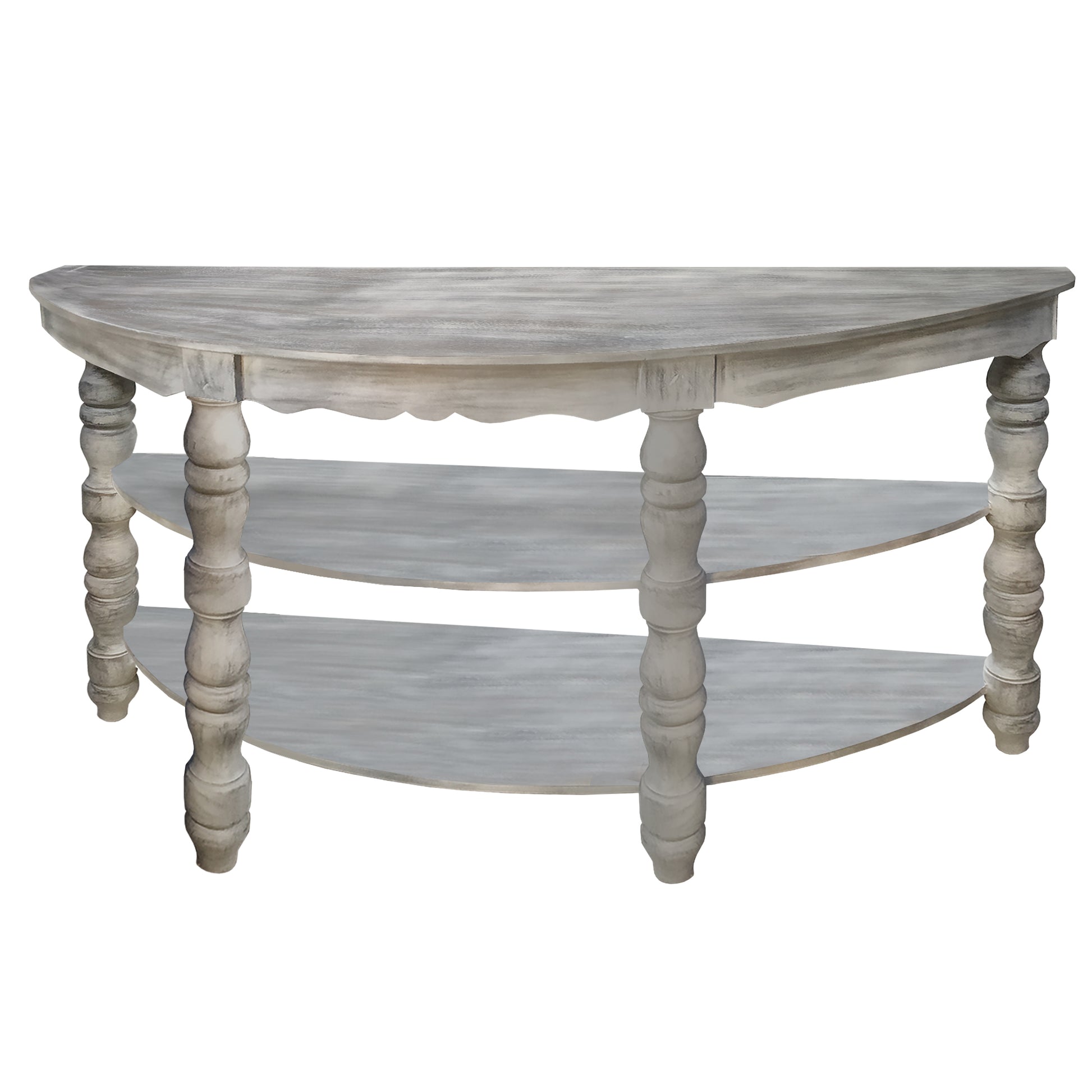 Half Moon Shaped Wooden Console Table With 2 Shelves And Turned Legs, Gray By Benzara | Console Tables |  Modishstore 