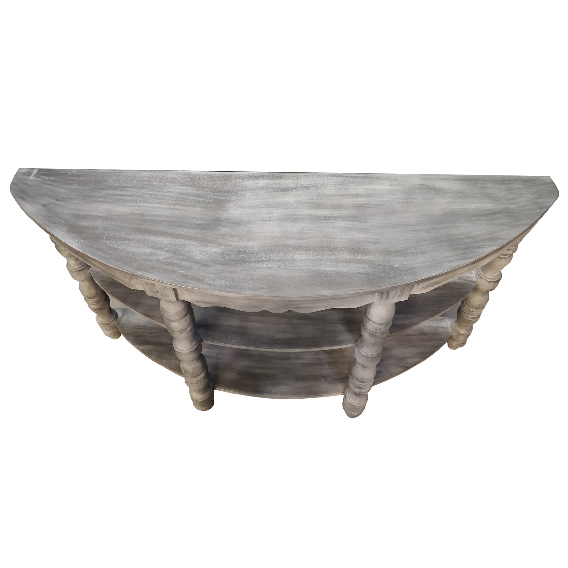 Half Moon Shaped Wooden Console Table With 2 Shelves And Turned Legs, Gray By Benzara | Console Tables |  Modishstore  - 3
