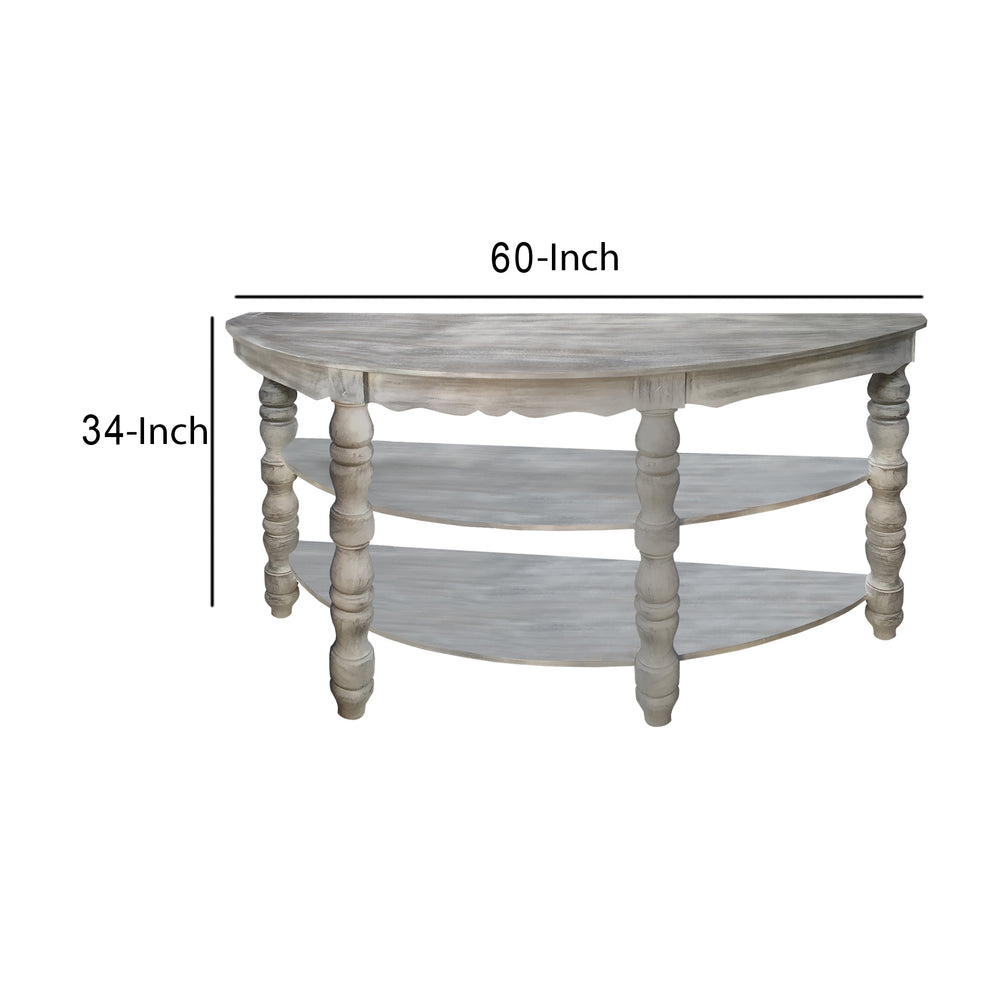 Half Moon Shaped Wooden Console Table With 2 Shelves And Turned Legs, Gray By Benzara | Console Tables |  Modishstore  - 6