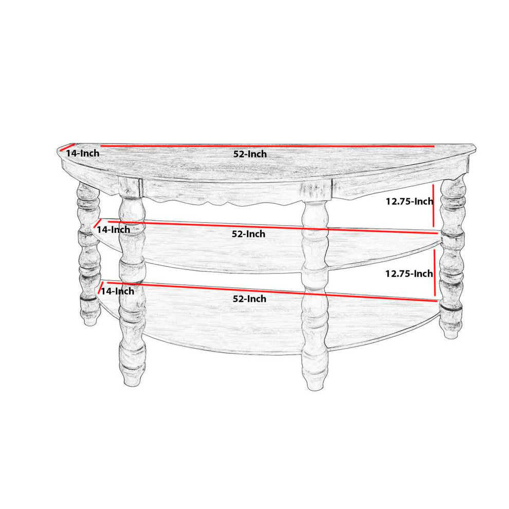 Half Moon Shaped Wooden Console Table With 2 Shelves And Turned Legs, Gray By Benzara | Console Tables |  Modishstore  - 2