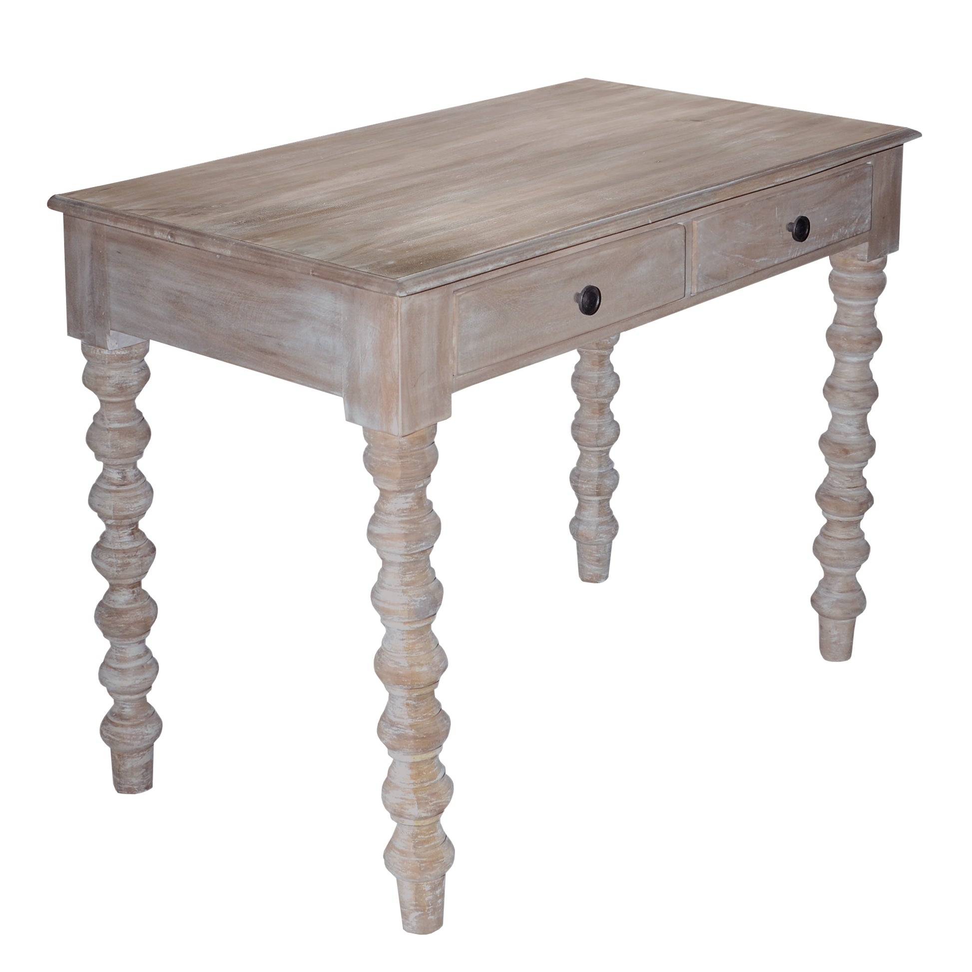 2 Drawer Classic Wooden Desk With Turned Leg Support, Distressed Brown By Benzara | Desks |  Modishstore  - 2