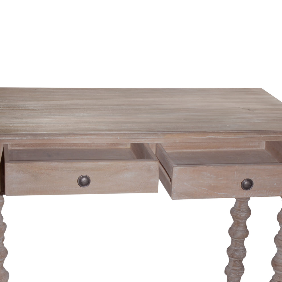 2 Drawer Classic Wooden Desk With Turned Leg Support, Distressed Brown By Benzara | Desks |  Modishstore  - 3