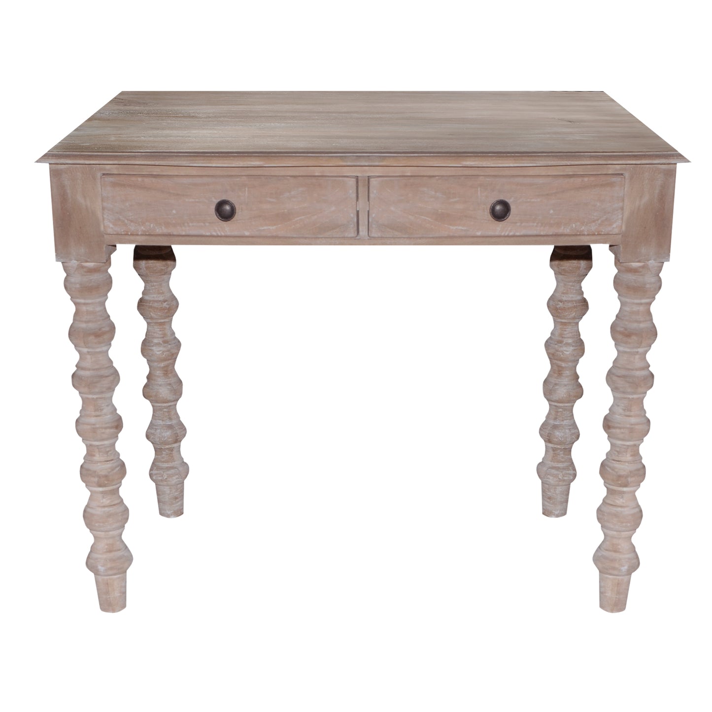 2 Drawer Classic Wooden Desk With Turned Leg Support, Distressed Brown By Benzara | Desks |  Modishstore  - 4