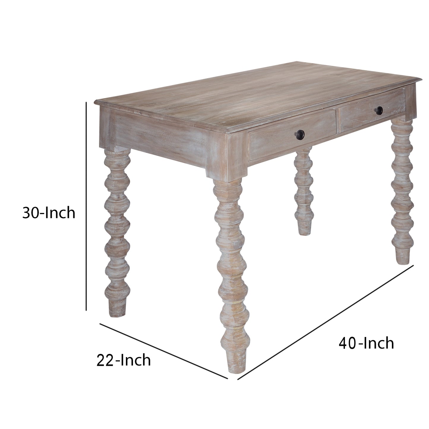 2 Drawer Classic Wooden Desk With Turned Leg Support, Distressed Brown By Benzara | Desks |  Modishstore  - 6