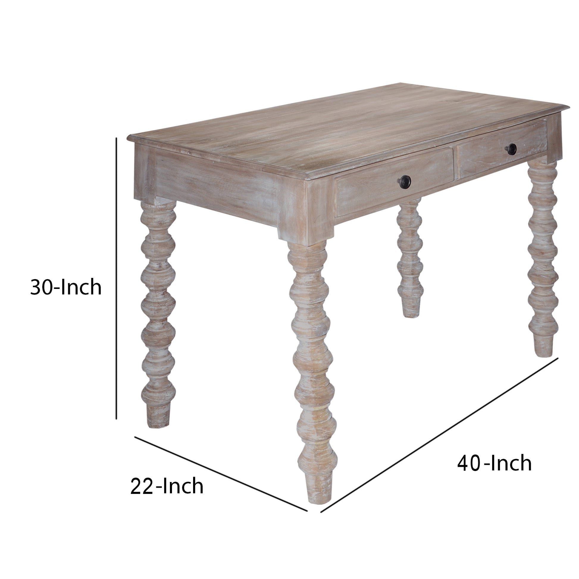 2 Drawer Classic Wooden Desk With Turned Leg Support, Distressed Brown By Benzara | Desks |  Modishstore  - 6