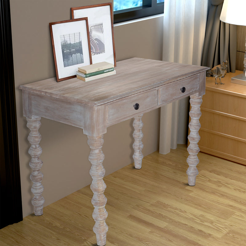 2 Drawer Classic Wooden Desk With Turned Leg Support, Distressed Brown By Benzara | Desks |  Modishstore 