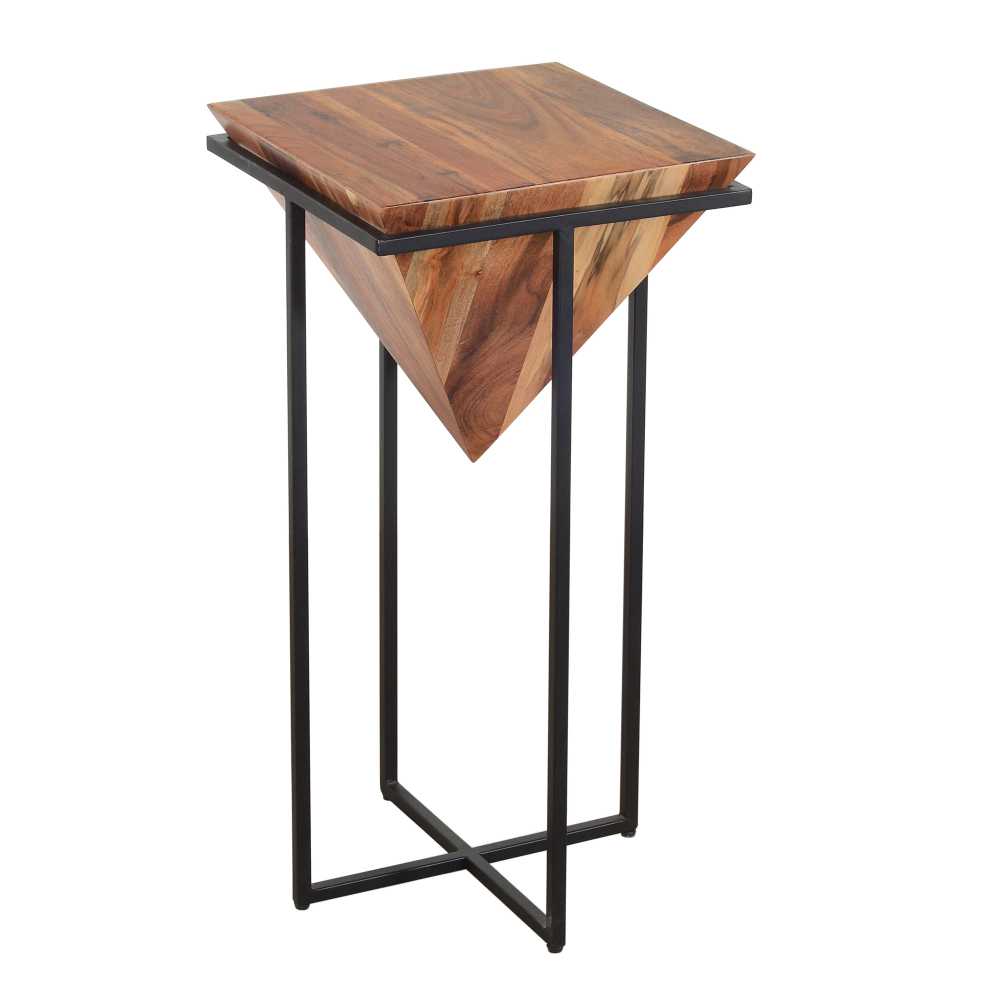 30 Inch Pyramid Shape Wooden Side Table With Cross Metal Base, Brown And Black By Benzara | Side Tables |  Modishstore  - 2