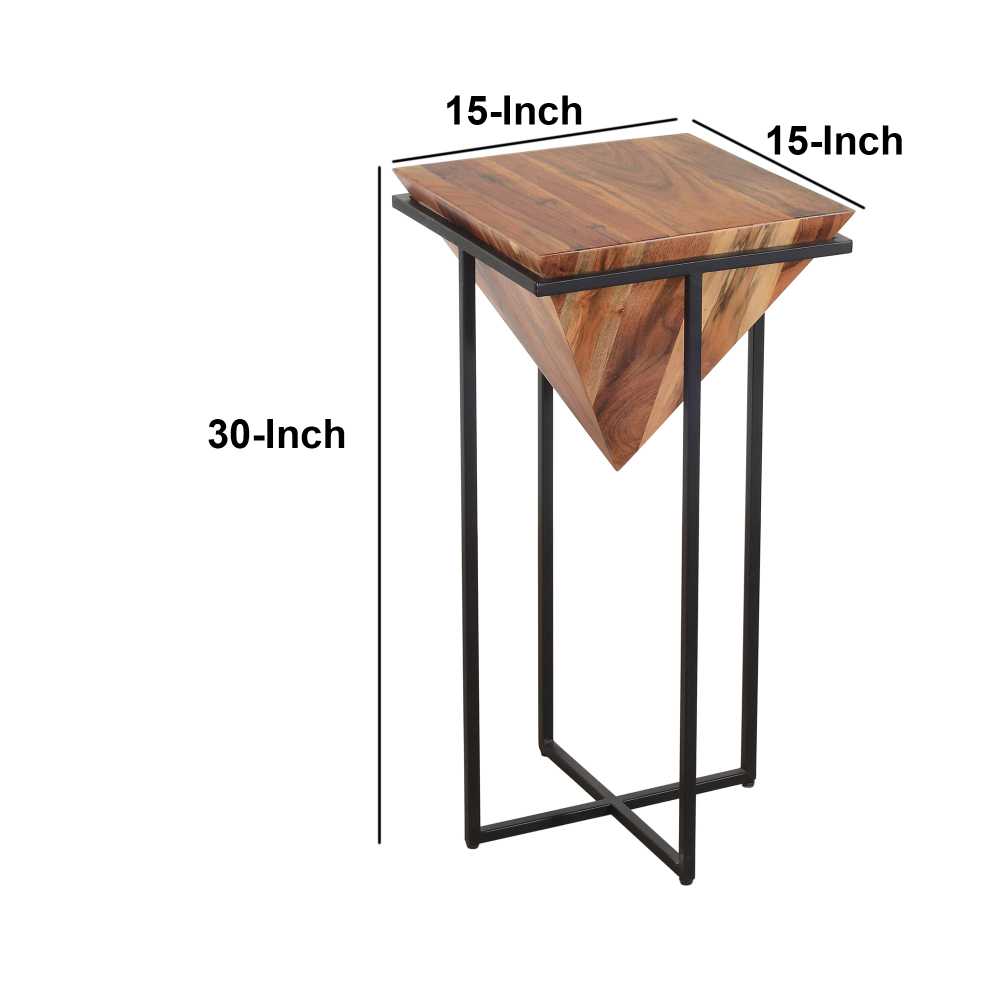 30 Inch Pyramid Shape Wooden Side Table With Cross Metal Base, Brown And Black By Benzara | Side Tables |  Modishstore  - 6