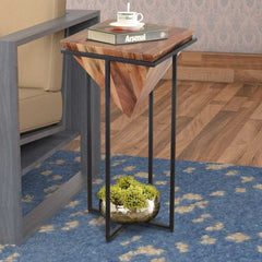30 Inch Pyramid Shape Wooden Side Table With Cross Metal Base, Brown And Black By Benzara