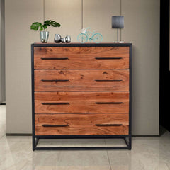 Handmade Dresser With Live Edge Design 4 Drawers, Brown And Black By Benzara
