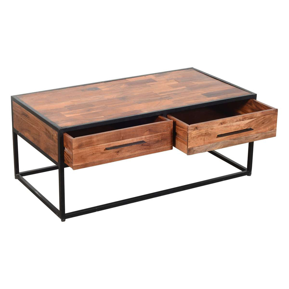 2 Drawer Industrial Metal Coffee Table With Wooden Tile Top, Brown And Black By Benzara | Coffee Tables |  Modishstore  - 4
