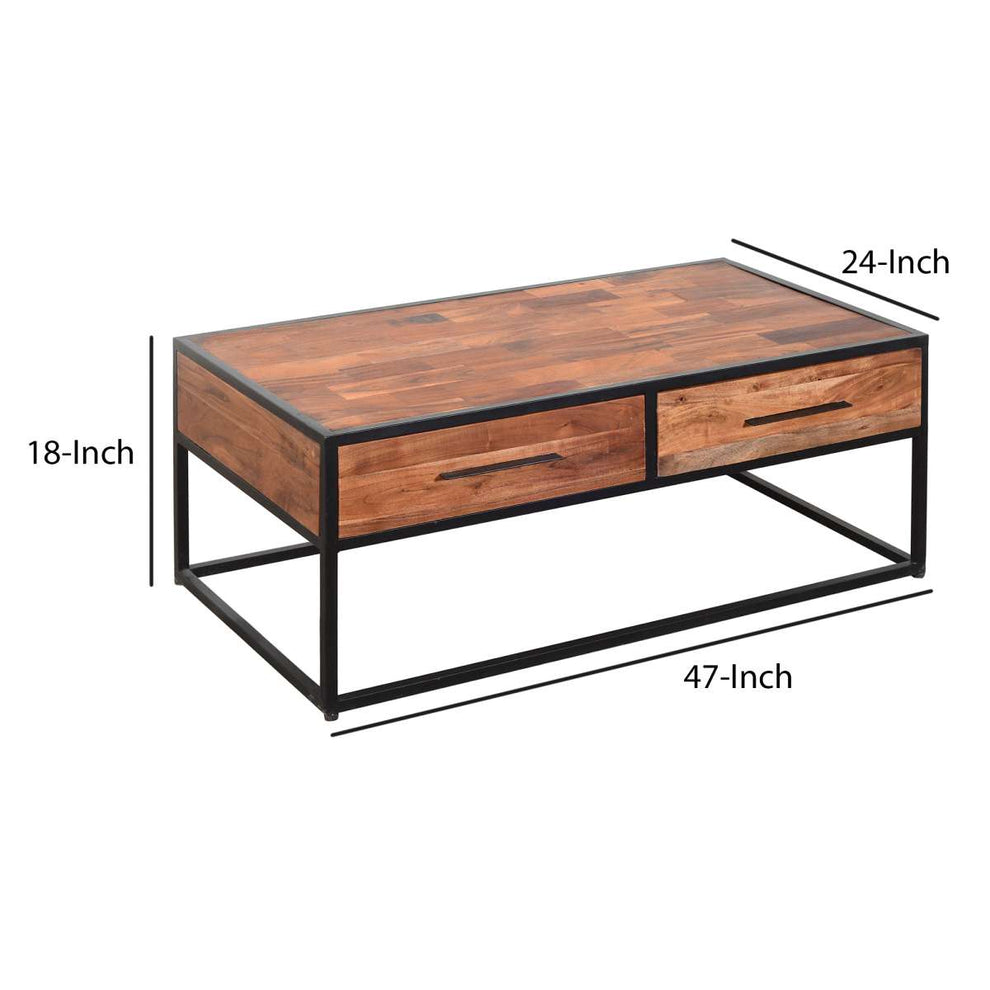 2 Drawer Industrial Metal Coffee Table With Wooden Tile Top, Brown And Black By Benzara | Coffee Tables |  Modishstore  - 2