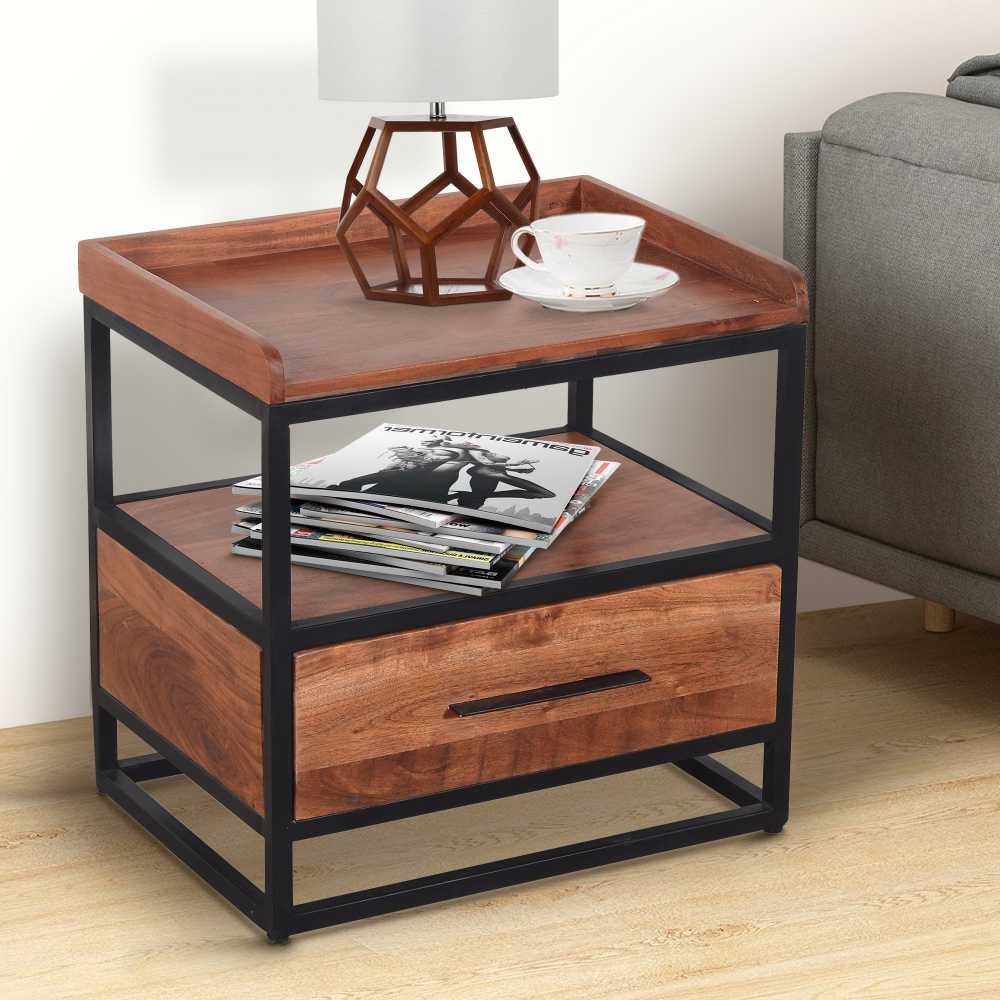 Handcrafted Industrial Metal End Table With Wooden Drawer, Brown And Black By Benzara | Side Tables |  Modishstore 