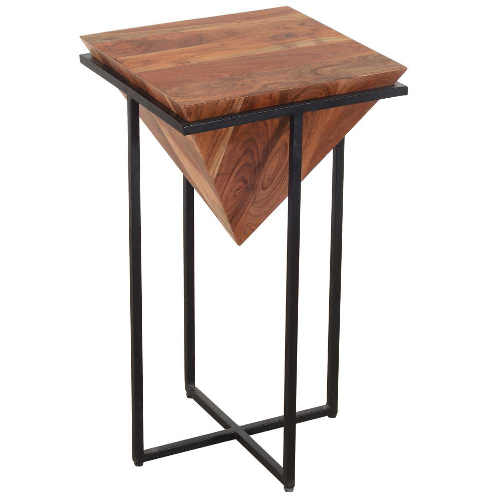 26 Inch Pyramid Shape Wooden Side Table With Cross Metal Base, Brown And Black By Benzara | Side Tables |  Modishstore  - 3