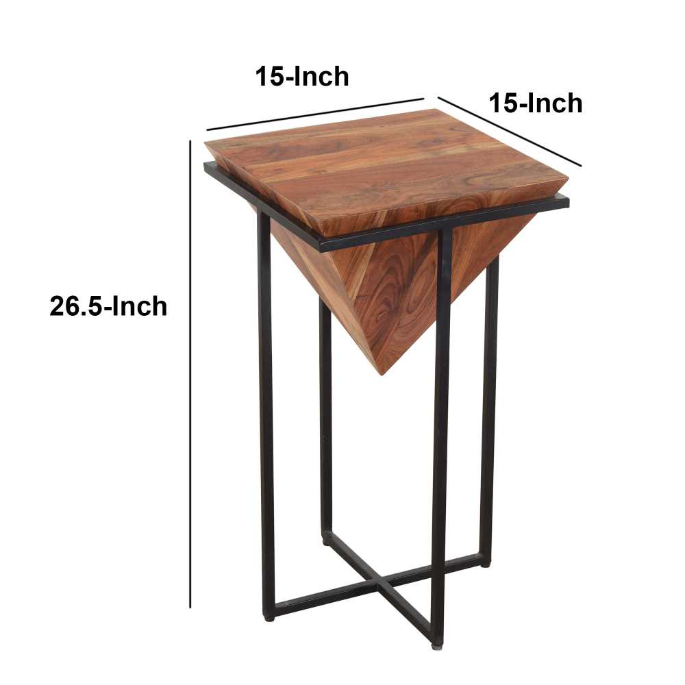 26 Inch Pyramid Shape Wooden Side Table With Cross Metal Base, Brown And Black By Benzara | Side Tables |  Modishstore  - 4