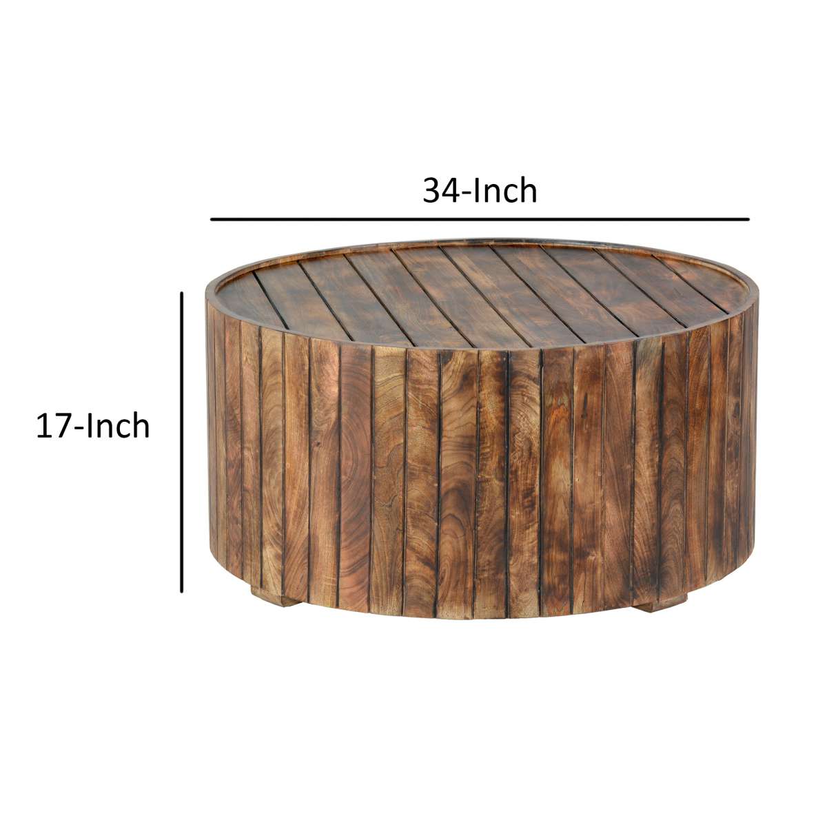 34 Inch Handmade Wooden Round Coffee Table With Plank Design, Burned Brown By Benzara | Coffee Tables |  Modishstore  - 3