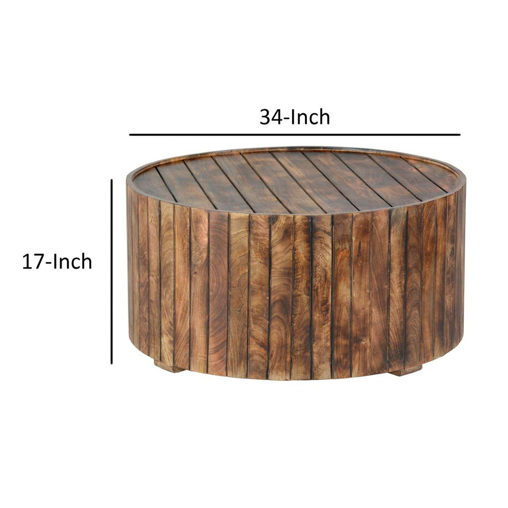 34 Inch Handmade Wooden Round Coffee Table With Plank Design, Burned Brown By Benzara | Coffee Tables |  Modishstore  - 3