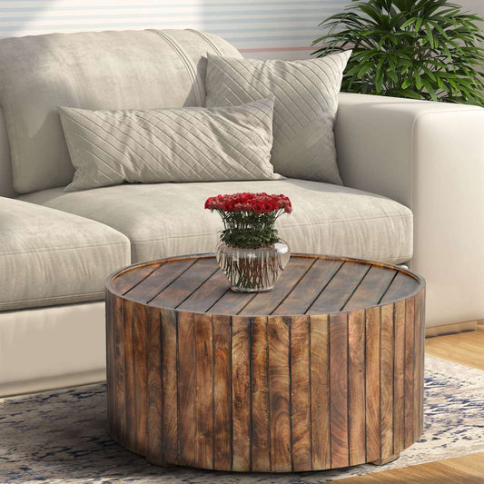 34 Inch Handmade Wooden Round Coffee Table With Plank Design, Burned Brown By Benzara | Coffee Tables |  Modishstore 