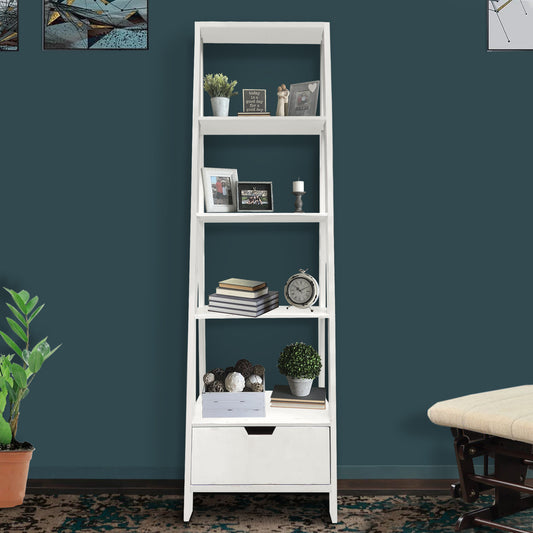 4 Shelf Wooden Ladder Bookcase With Bottom Drawer, Antique White By Benzara | Bookcases |  Modishstore 