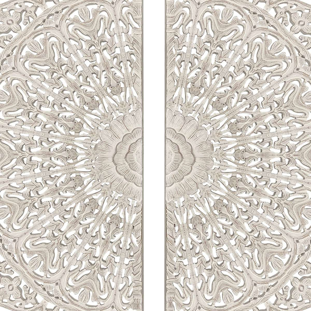 48 Inch Half Moon Hand Carved Floral Mango Wood Wall Panel Decor, Antique White By Benzara | Wall Decor |  Modishstore  - 3