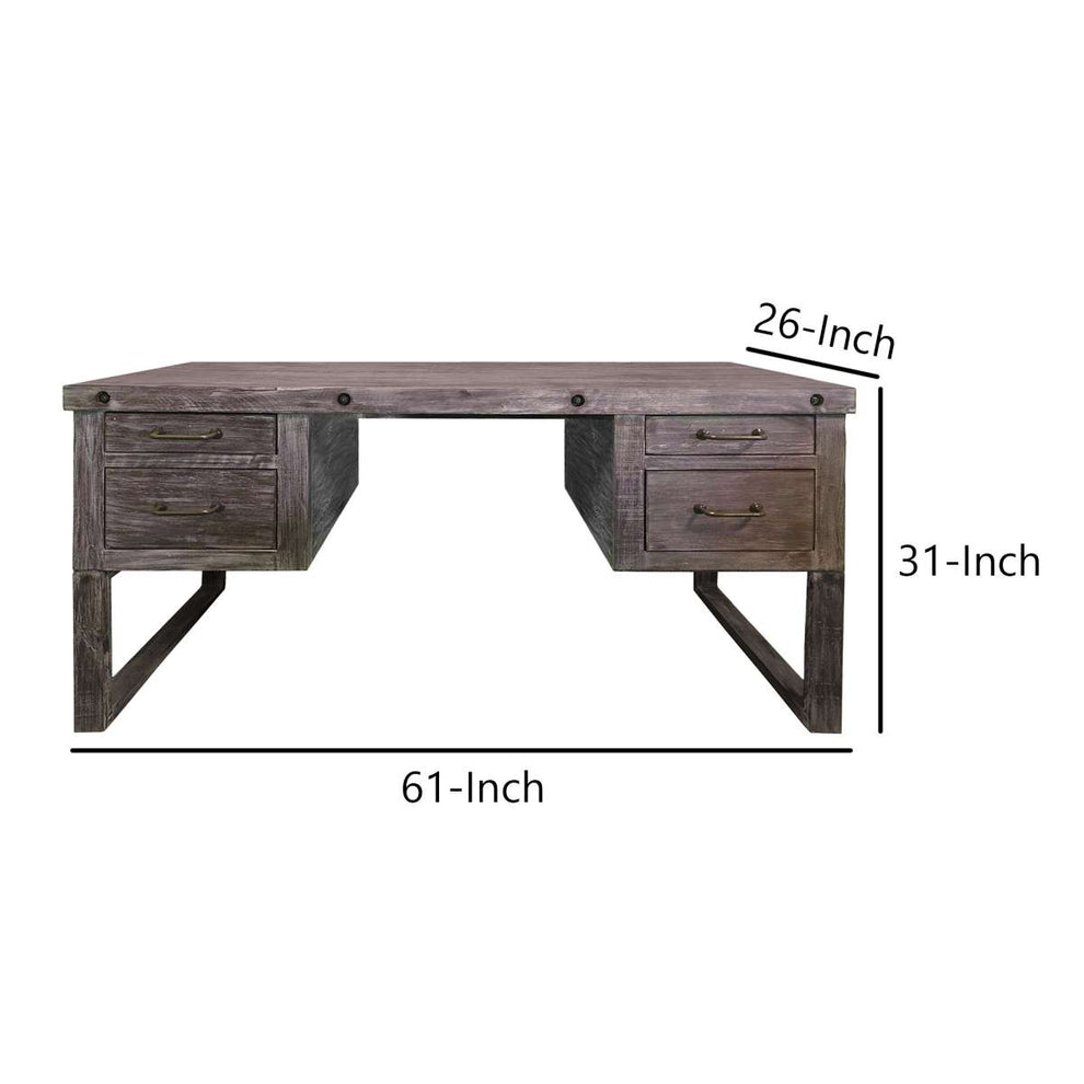 61 Inch 4 Drawer Wooden Home Office Desk With Sled Leg Support, Distressed Brown By Benzara | Desks |  Modishstore  - 3