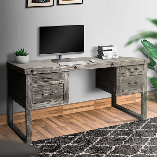 61 Inch 4 Drawer Wooden Home Office Desk With Sled Leg Support, Distressed Brown By Benzara | Desks |  Modishstore 
