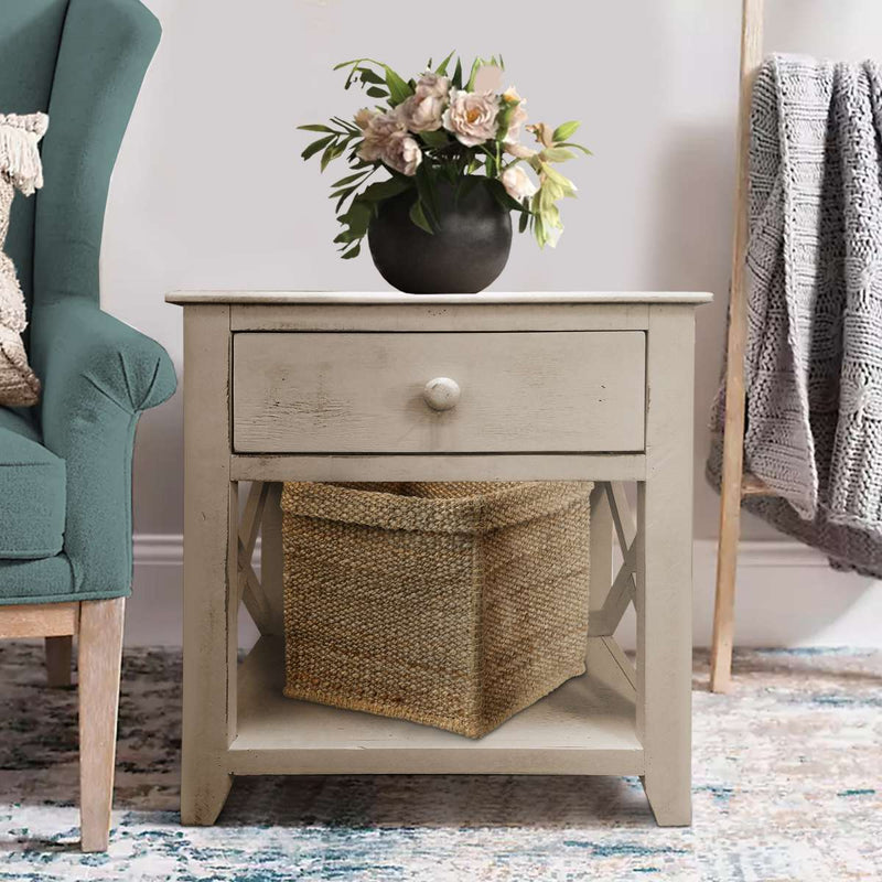 24 Inch Wooden 1 Drawer Sideend Table With Cross Sides And Open Bottom Shelf, White By Benzara | Side Tables |  Modishstore 